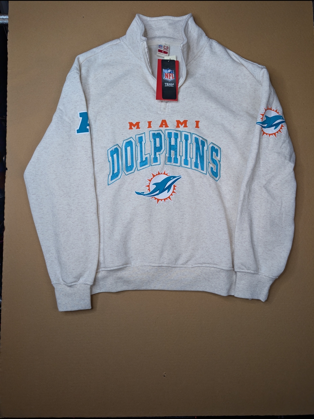 Miami Dolphins Off-White Quarter-Zip Sweatshirt Medium